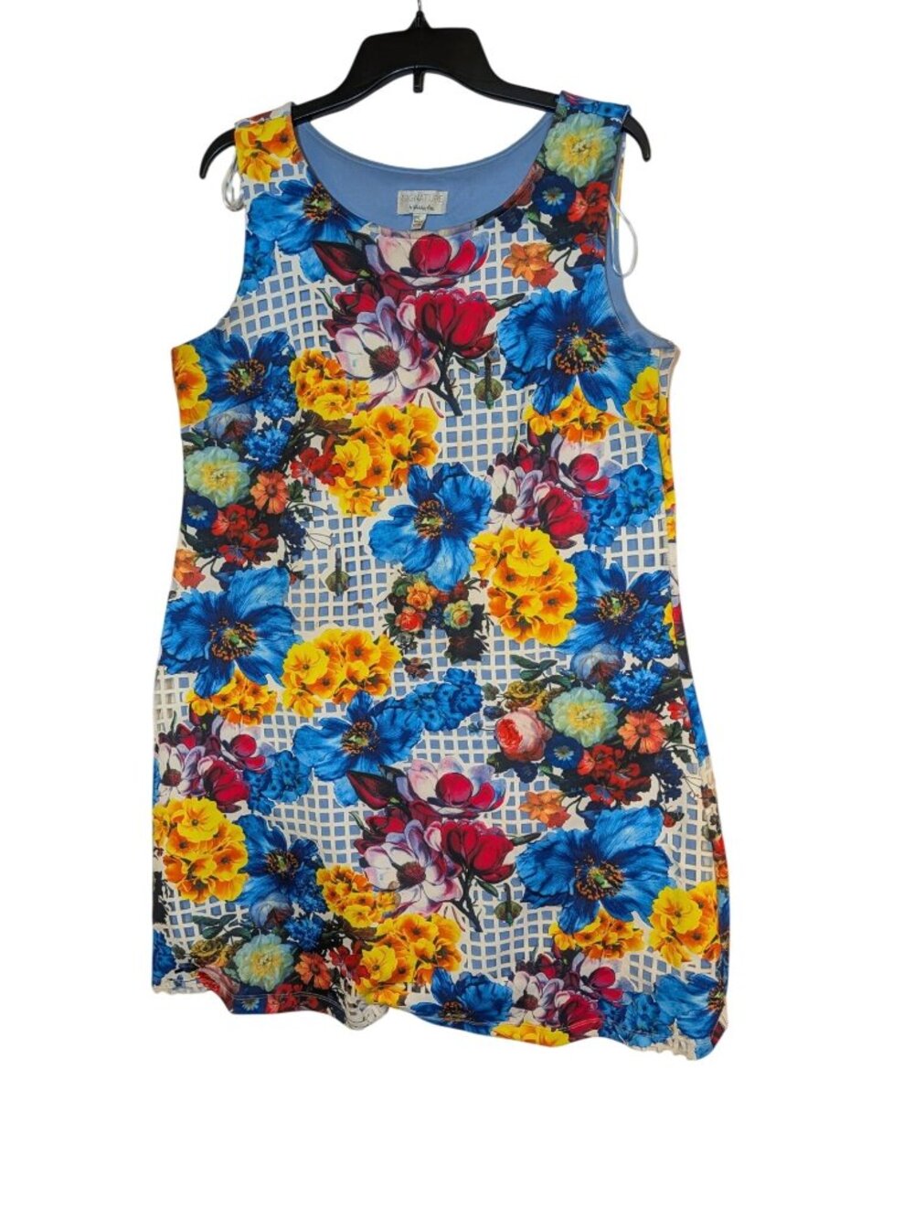 Signature By Robbie Bee Sleeveless Floral Dress With Bold Blue & Yellow Design L